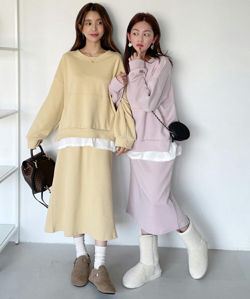 ポケットレイヤードスウェット&ストリングスカートSET・全4色・b66328 レディース 【ops】韓国ファッション ワンピース スカート パステル スウェット セットアップ 体型カバー 長袖 ロング丈 ワンマイルウェア 無地 シンプル カジュアル 秋 冬