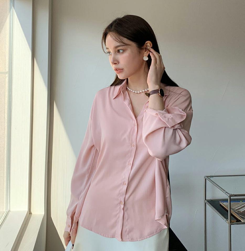 カラーネック長袖シャツ・全4色・t00088 レディース 【bl】トップス シャツ 長袖 単色 無地 シンプル ベーシック 大人 きれいめ オフィスカジュアル きれいめ パステル 春 秋 冬 韓国ファッション ハイホリHIHOLLI