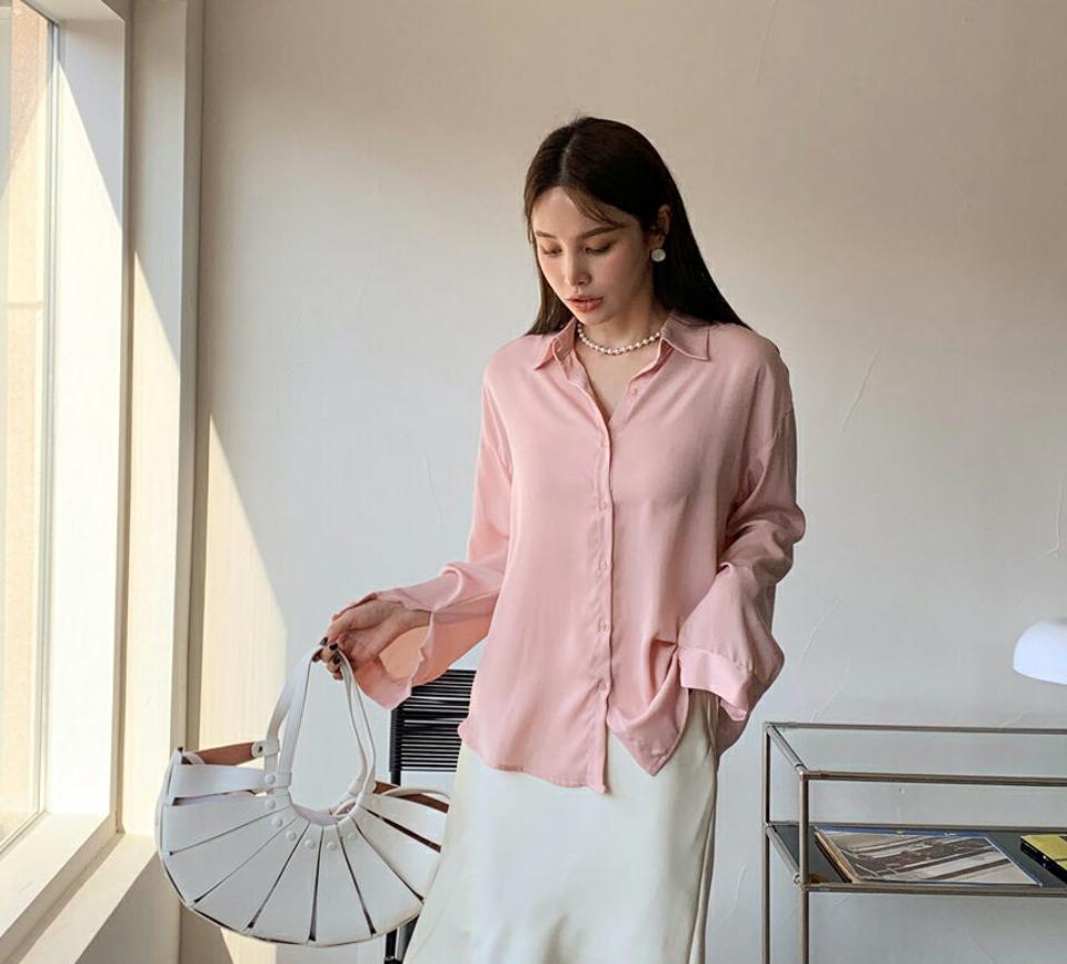 カラーネック長袖シャツ・全4色・t00088 レディース 【bl】トップス シャツ 長袖 単色 無地 シンプル ベーシック 大人 きれいめ オフィスカジュアル きれいめ パステル 春 秋 冬 韓国ファッション ハイホリHIHOLLI