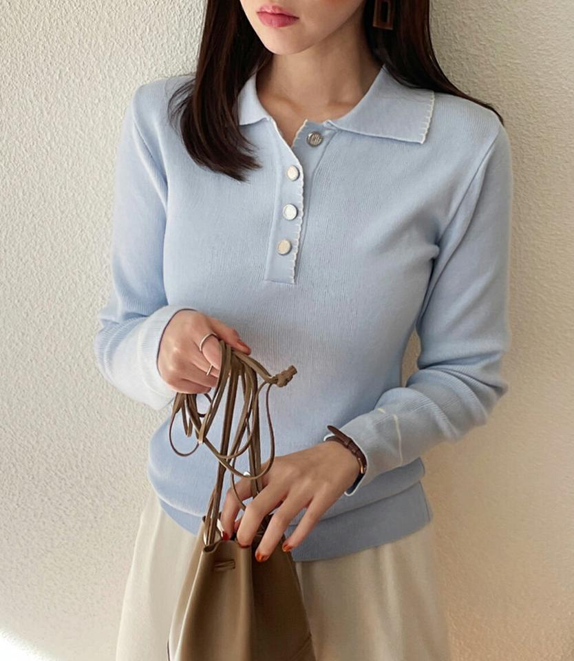 配色スカラップラインハーフボタンニット・全3色・t66308 レディース 【tops】韓国ファッション トップス ニット 大人 長袖 カラーネック 配色 スカラップ ハーフボタン 異素材 シンプル フェミニン カジュアル デイリー 秋 冬