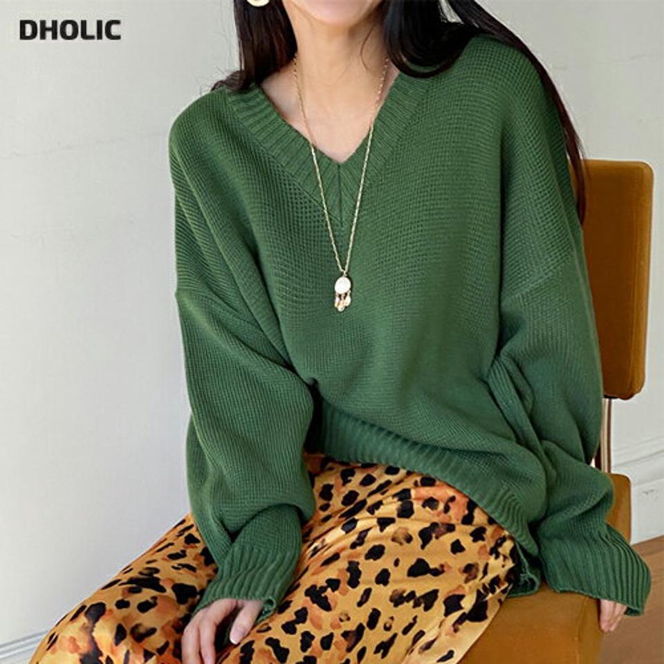 Vネックルーズニット・全5色・n00092 レディース 【tops】トップス ニット 長袖 Vネック 単色 無地 シンプル ベーシック ルーズ ゆったり ラフ カジュアル カラーアイテム カラーニット 大人 秋 冬 韓国ファッション ハイホリHIHOLLI 年上