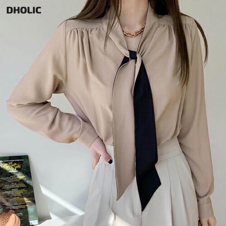 配色ボウタイブラウス・全3色・t00089 レディース 【bl】トップス ブラウス 長袖 ボウタイ 配色 襟コン シンプル モダン 大人 オフィスカジュアル きれいめ Vネック 春 秋 冬 韓国ファッション ハイホリHIHOLLI