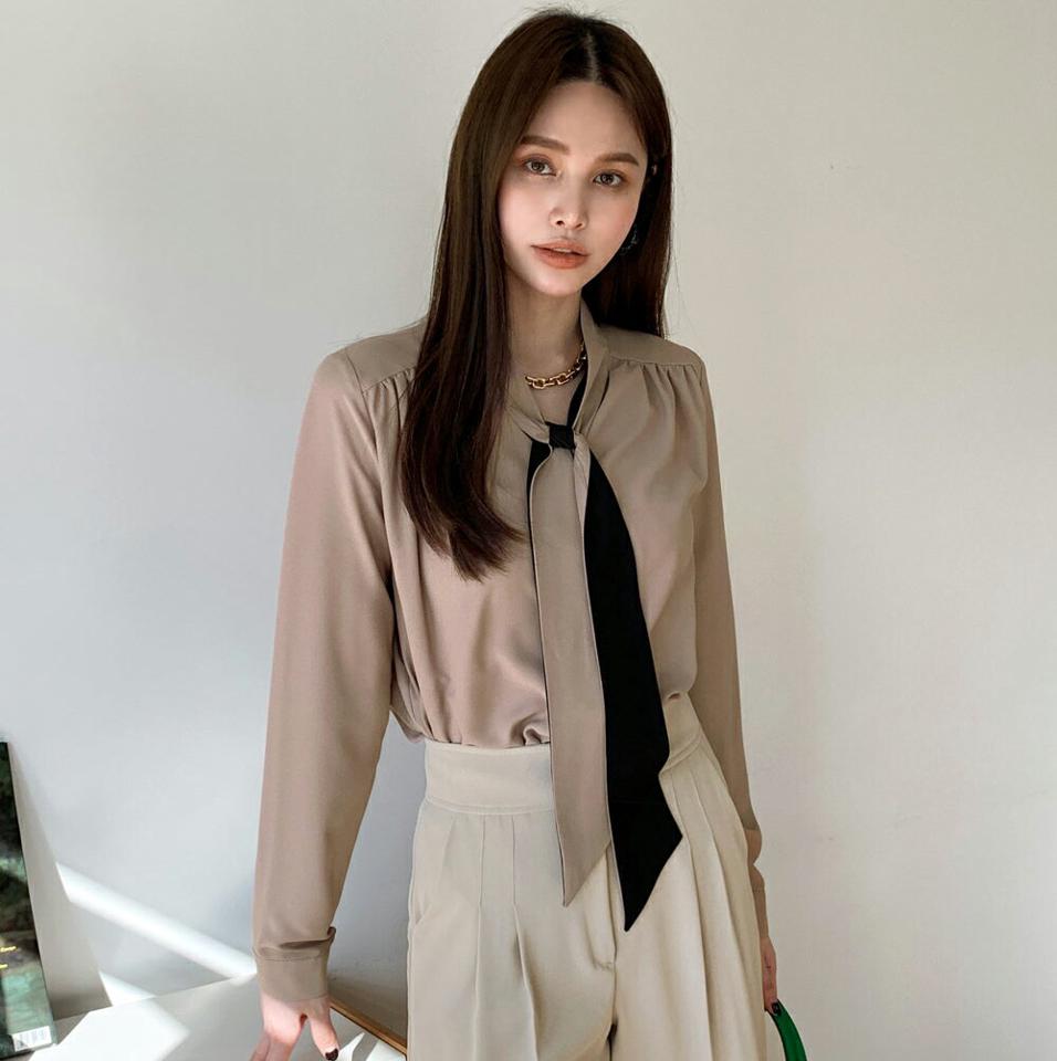 配色ボウタイブラウス・全3色・t00089 レディース 【bl】トップス ブラウス 長袖 ボウタイ 配色 襟コン シンプル モダン 大人 オフィスカジュアル きれいめ Vネック 春 秋 冬 韓国ファッション ハイホリHIHOLLI