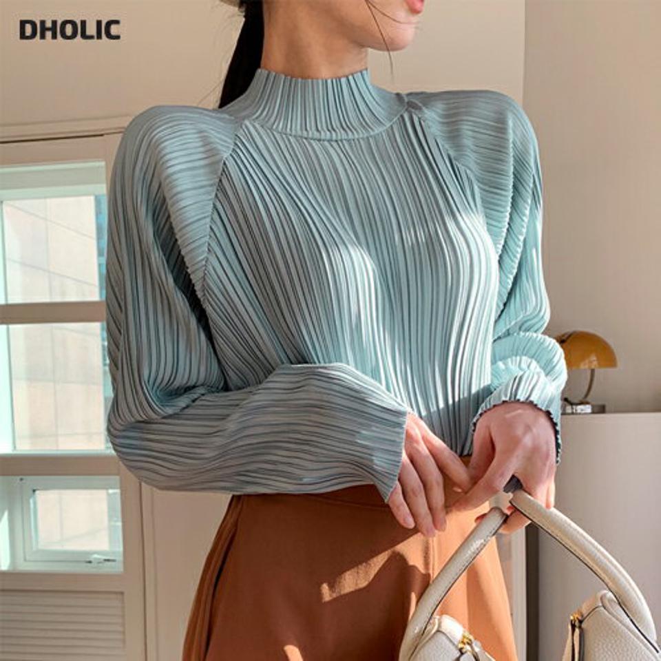 プリーツハーフネックブラウス・全5色・b00087 レディース 【bl】トップス ブラウス 長袖 プリーツ ハーフネック フェミニン 光沢感 大人 パステル 上品 きれいめ 単色 クラシック 春 秋 冬 韓国ファッション ハイホリHIHOLLI