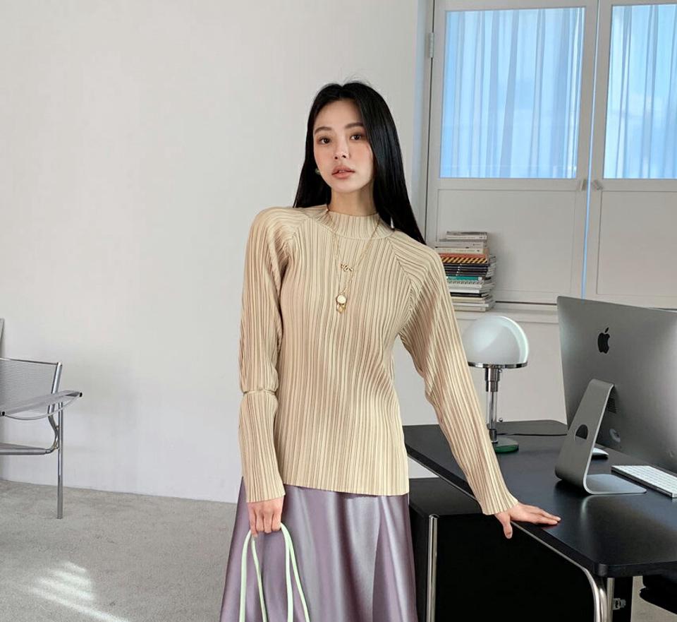 プリーツハーフネックブラウス・全5色・b00087 レディース 【bl】トップス ブラウス 長袖 プリーツ ハーフネック フェミニン 光沢感 大人 パステル 上品 きれいめ 単色 クラシック 春 秋 冬 韓国ファッション ハイホリHIHOLLI