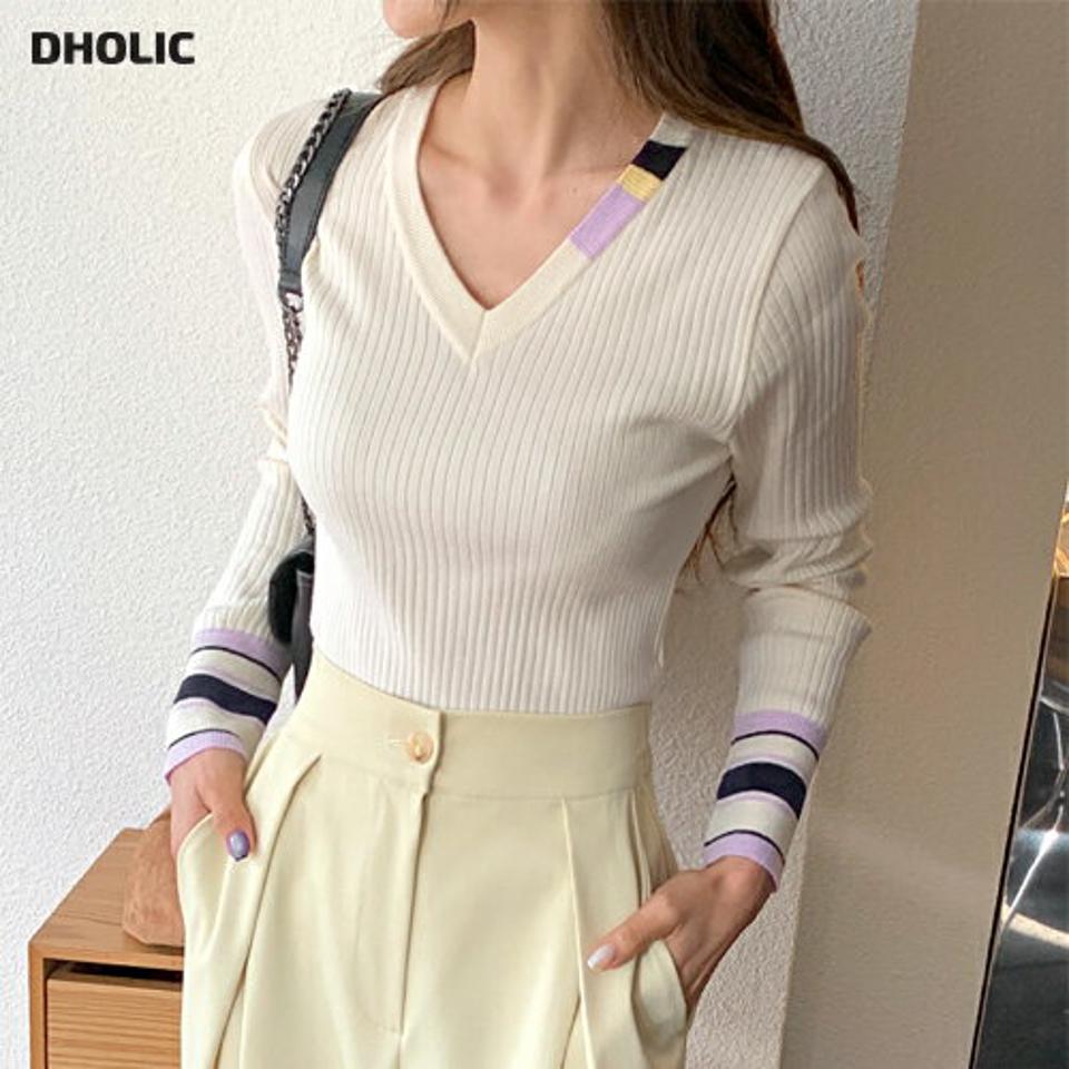 【只今10%OFF】マルチ配色リブニット・全2色・t66307 レディース 【tops】韓国ファッション トップス ニット 大人 長袖 Vネック マルチ 配色 コントラストカラー リブ スリム 異素材 シンプル 体型カバー フェミニン カジュアル 秋 冬【ニットセール】