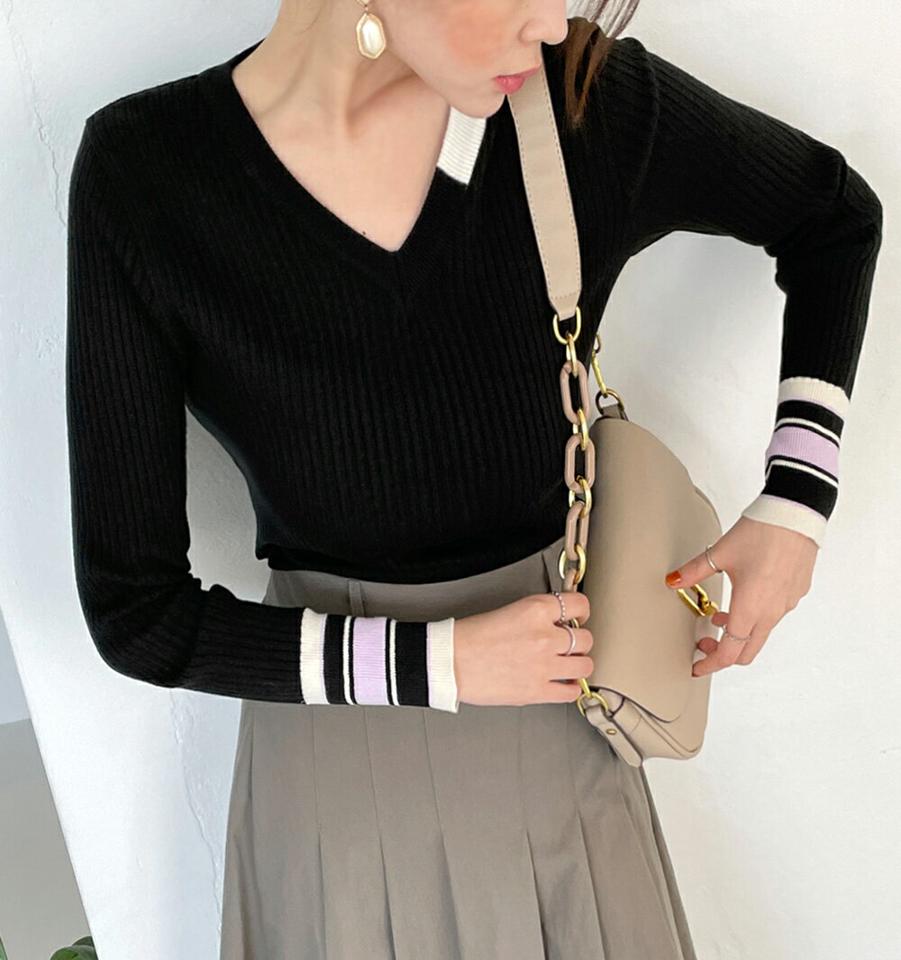 【只今10%OFF】マルチ配色リブニット・全2色・t66307 レディース 【tops】韓国ファッション トップス ニット 大人 長袖 Vネック マルチ 配色 コントラストカラー リブ スリム 異素材 シンプル 体型カバー フェミニン カジュアル 秋 冬【ニットセール】
