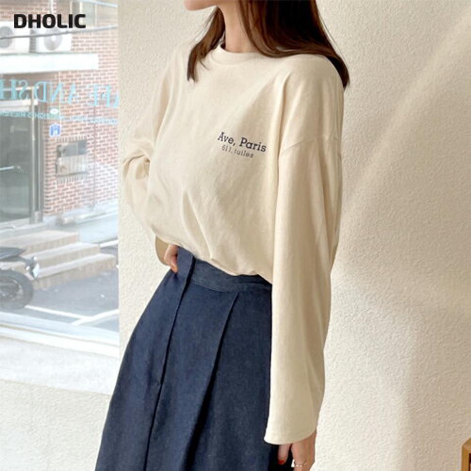 ParisレタリングTシャツ・全4色・t66305 レディース 【tops】韓国ファッション トップス Tシャツ 大人 長袖 ラウンドネック レタリング 英字 ロゴ シンプル ルーズ スリット 体型カバー 細身 フェミニン カジュアル 秋 冬