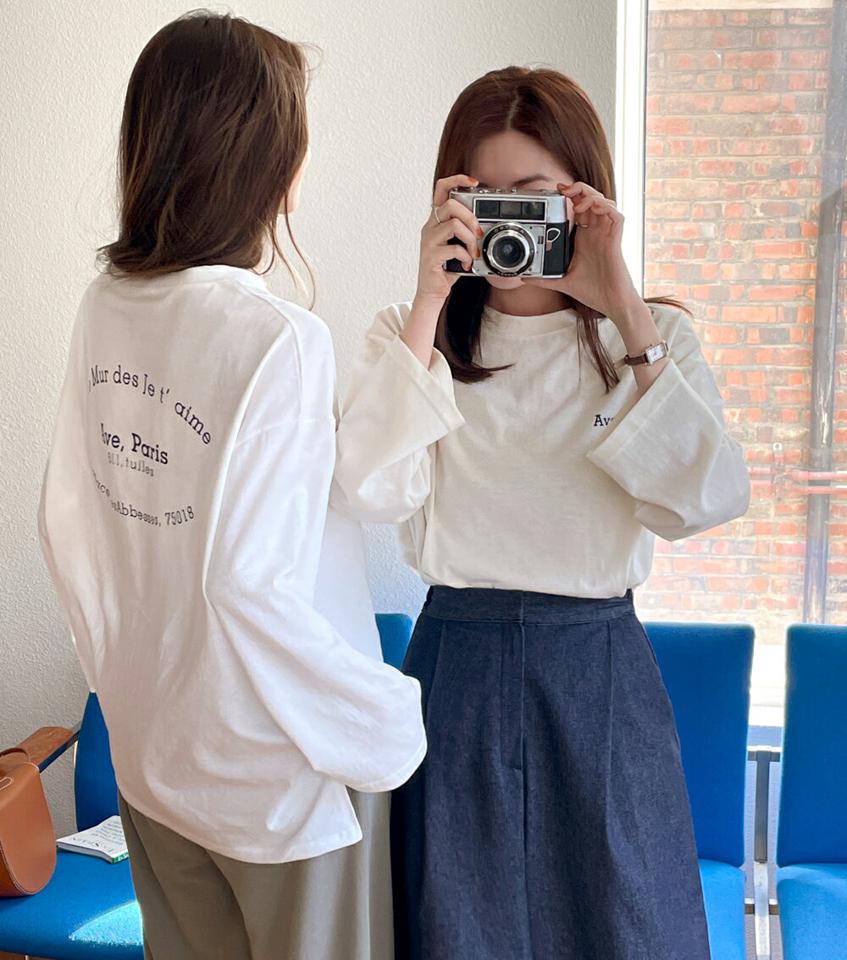 ParisレタリングTシャツ・全4色・t66305 レディース 【tops】韓国ファッション トップス Tシャツ 大人 長袖 ラウンドネック レタリング 英字 ロゴ シンプル ルーズ スリット 体型カバー 細身 フェミニン カジュアル 秋 冬