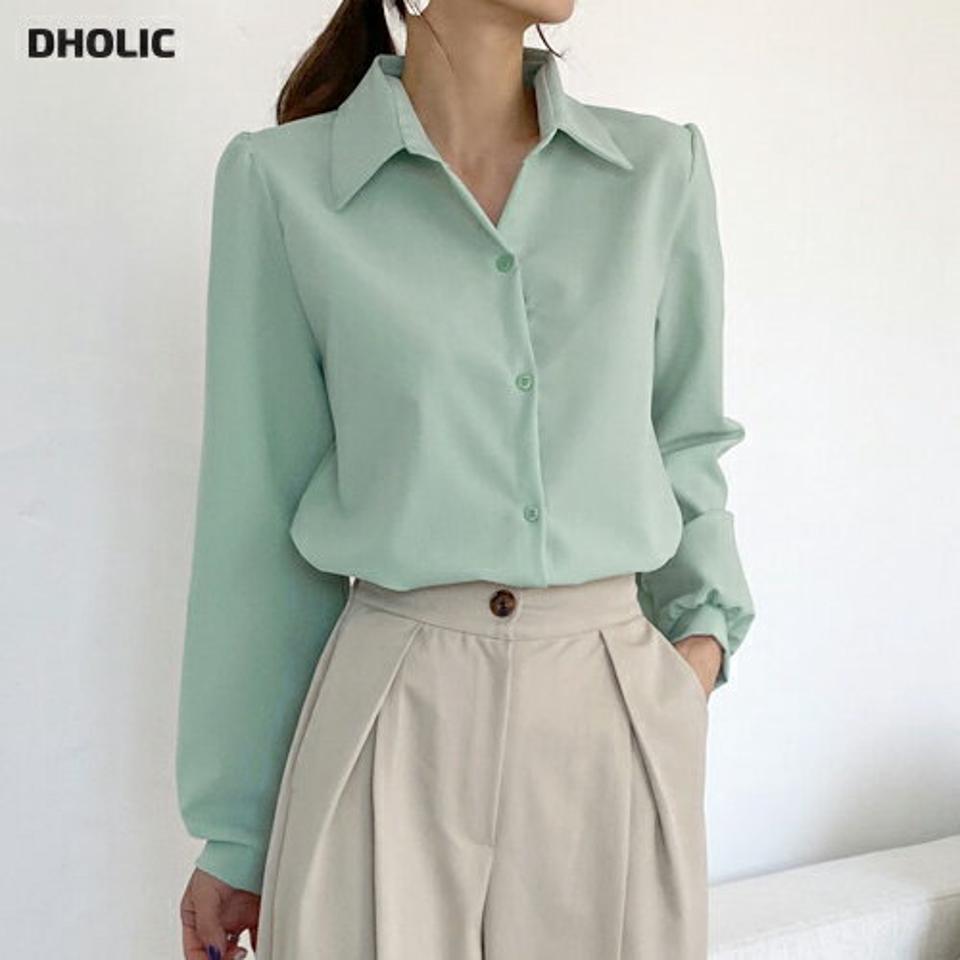 パフカラーネックブラウス・全3色・t66325 レディース 【bl】韓国ファッション トップス ブラウス 長袖 カラーネック パフスリーブ ギャザー 光沢 パステル カラーアイテム 無地 シンプル カジュアル フェミニン 体型カバー ガーリー 春 秋 冬