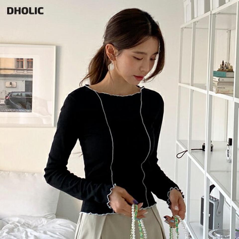 コントラストウェーブラインTシャツ・全3色・t66322 レディース 【tops】韓国ファッション トップス Tシャツ 大人 長袖 コントラスト クロップド丈 ウェーブ ユニーク シンプル スリム 体型カバー 細身 フェミニン カジュアル 秋 冬