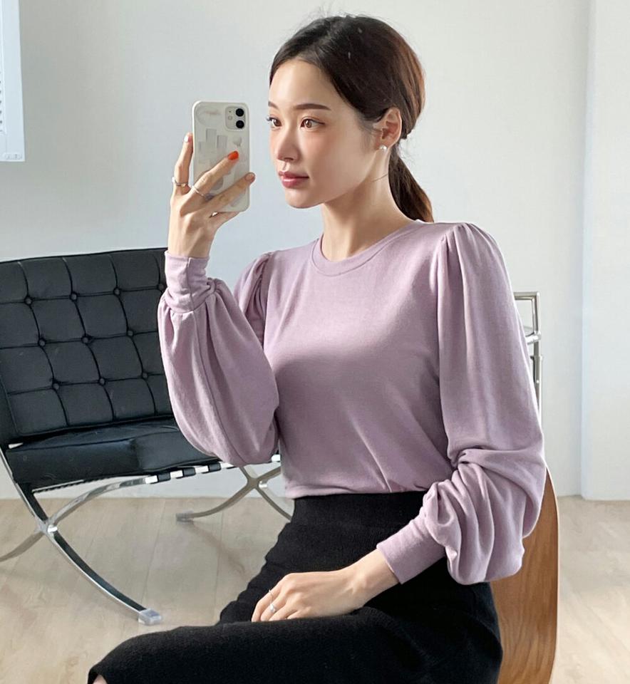 パフスリーブTシャツ・全5色・t71548 レディース 【tops】トップス Tシャツ 長袖 パフ袖 ボリューム袖 単色 無地 シンプル 大人 フェミニン 春 秋 韓国ファッション ハイホリHIHOLLI