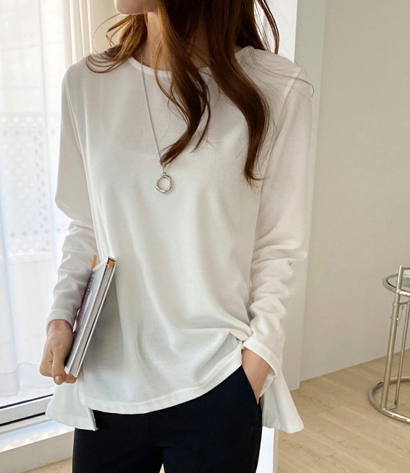 バックペプラムTシャツ・全4色・t71549 レディース 【tops】トップス Tシャツ 長袖 ペプラム 単色 無地 バックシャン シンプル 大人 ユニーク かわいい 可愛い 春 秋 冬 韓国ファッション ハイホリHIHOLLI