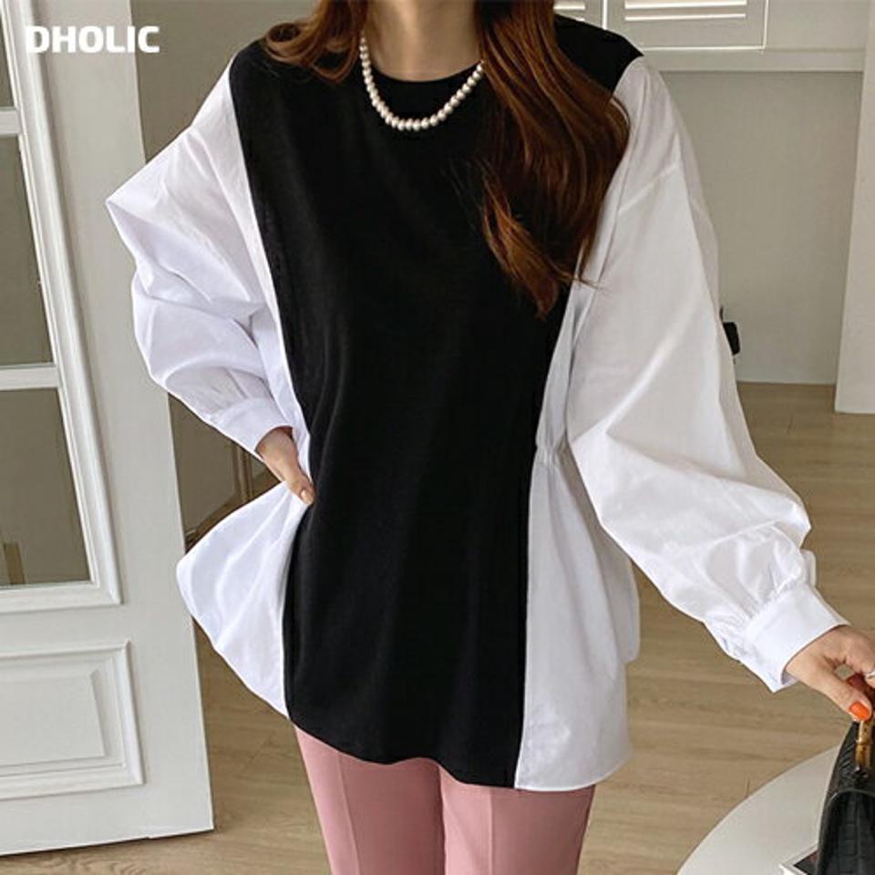 サイドシャツ配色Tシャツ・全2色・t71550 レディース 【tops】トップス 長袖 異素材 配色 ユニーク ゆったり カジュアル かわいい 可愛い 大人 春 秋 冬 韓国ファッション ハイホリHIHOLLI