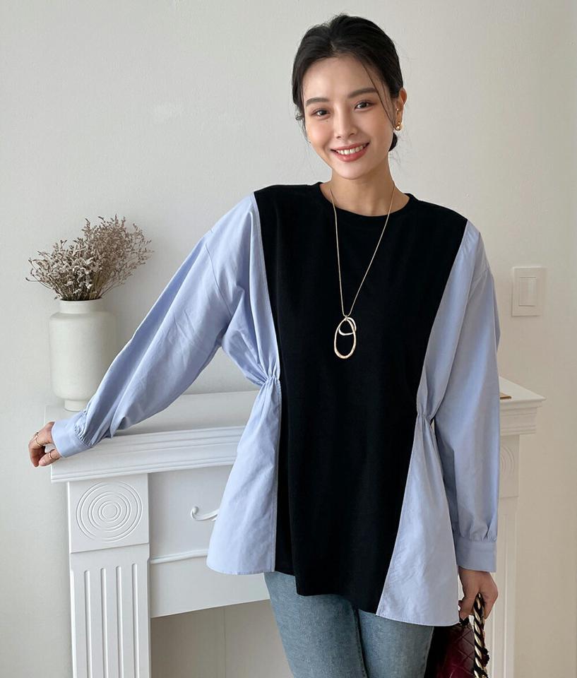 サイドシャツ配色Tシャツ・全2色・t71550 レディース 【tops】トップス 長袖 異素材 配色 ユニーク ゆったり カジュアル かわいい 可愛い 大人 春 秋 冬 韓国ファッション ハイホリHIHOLLI
