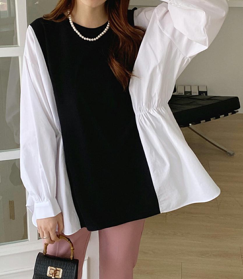 サイドシャツ配色Tシャツ・全2色・t71550 レディース 【tops】トップス 長袖 異素材 配色 ユニーク ゆったり カジュアル かわいい 可愛い 大人 春 秋 冬 韓国ファッション ハイホリHIHOLLI