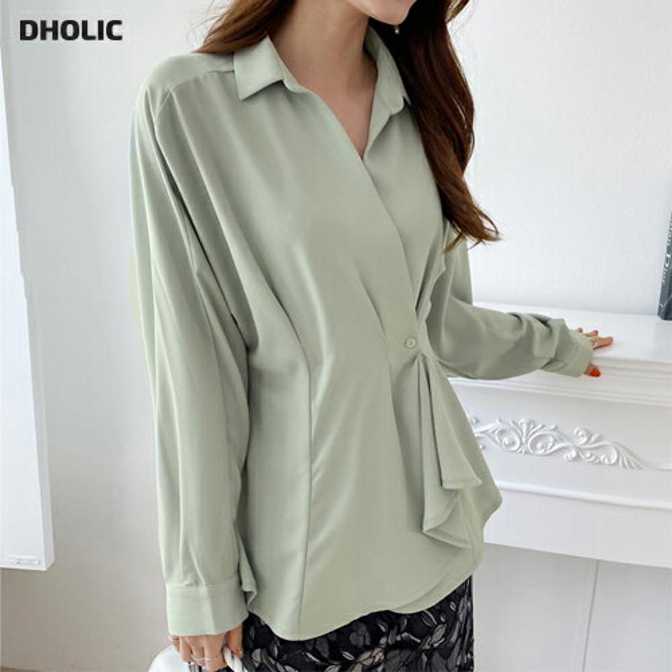 ラップフレアブラウス・全4色・t71555 レディース 【bl】トップス ブラウス 長袖 フラ ラップデザイン 単色 無地 シンプル Vネック ユニーク 大人 パステル くすみ 春 秋 冬 韓国ファッション ハイホリHIHOLLI