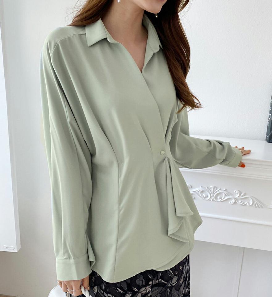 ラップフレアブラウス・全4色・t71555 レディース 【bl】トップス ブラウス 長袖 フラ ラップデザイン 単色 無地 シンプル Vネック ユニーク 大人 パステル くすみ 春 秋 冬 韓国ファッション ハイホリHIHOLLI