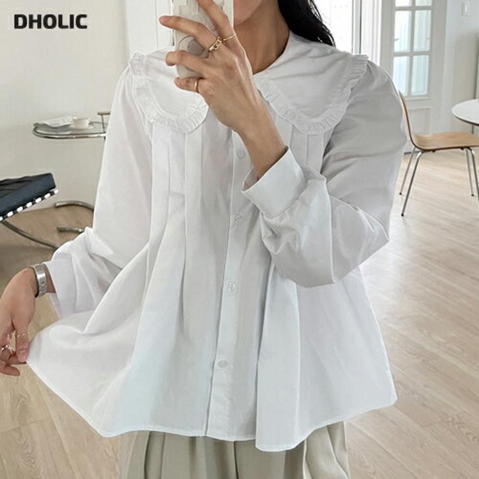 フリルビッグカラータックブラウス・全4色・t71556 レディース 【bl】トップス ブラウス 長袖 タック 襟コン パフ袖 大人 フリル ガーリー 可愛い かわいい 春 秋 冬 韓国ファッション ハイホリHIHOLLI