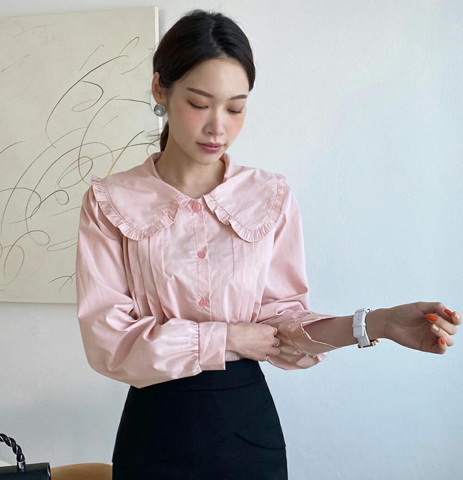 フリルビッグカラータックブラウス・全4色・t71556 レディース 【bl】トップス ブラウス 長袖 タック 襟コン パフ袖 大人 フリル ガーリー 可愛い かわいい 春 秋 冬 韓国ファッション ハイホリHIHOLLI