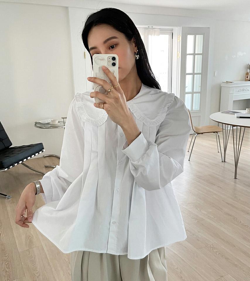 フリルビッグカラータックブラウス・全4色・t71556 レディース 【bl】トップス ブラウス 長袖 タック 襟コン パフ袖 大人 フリル ガーリー 可愛い かわいい 春 秋 冬 韓国ファッション ハイホリHIHOLLI