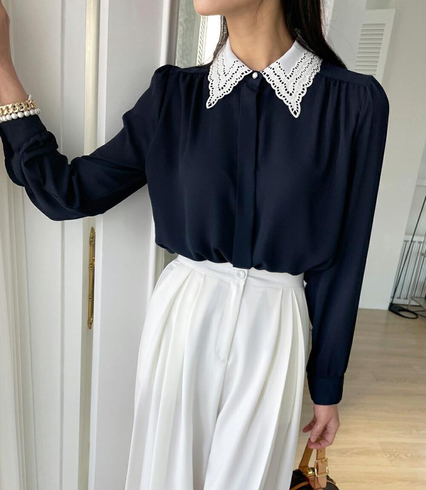 レースカラーブラウス・全3色・t71557 レディース 【bl】トップス ブラウス 長袖 襟コン シンプル フェミニン 上品 大人 かわいい 可愛い オフィスカジュアル 春 秋 冬 韓国ファッション ハイホリHIHOLLI