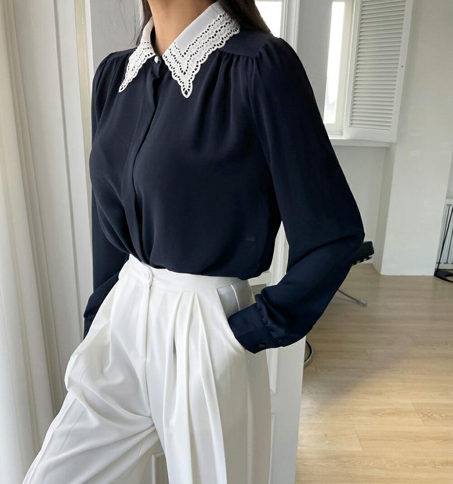 レースカラーブラウス・全3色・t71557 レディース 【bl】トップス ブラウス 長袖 襟コン シンプル フェミニン 上品 大人 かわいい 可愛い オフィスカジュアル 春 秋 冬 韓国ファッション ハイホリHIHOLLI