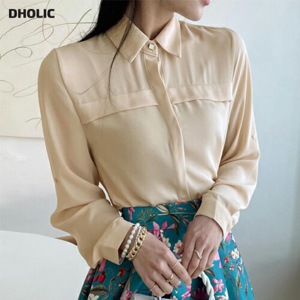 2WAYボタンブラウス・全4色・t71558 レディース 【bl】トップス ブラウス 長袖 単色 無地 シンプル ベーシック 大人 オフィスカジュアル 春 秋 韓国ファッション ハイホリHIHOLLI