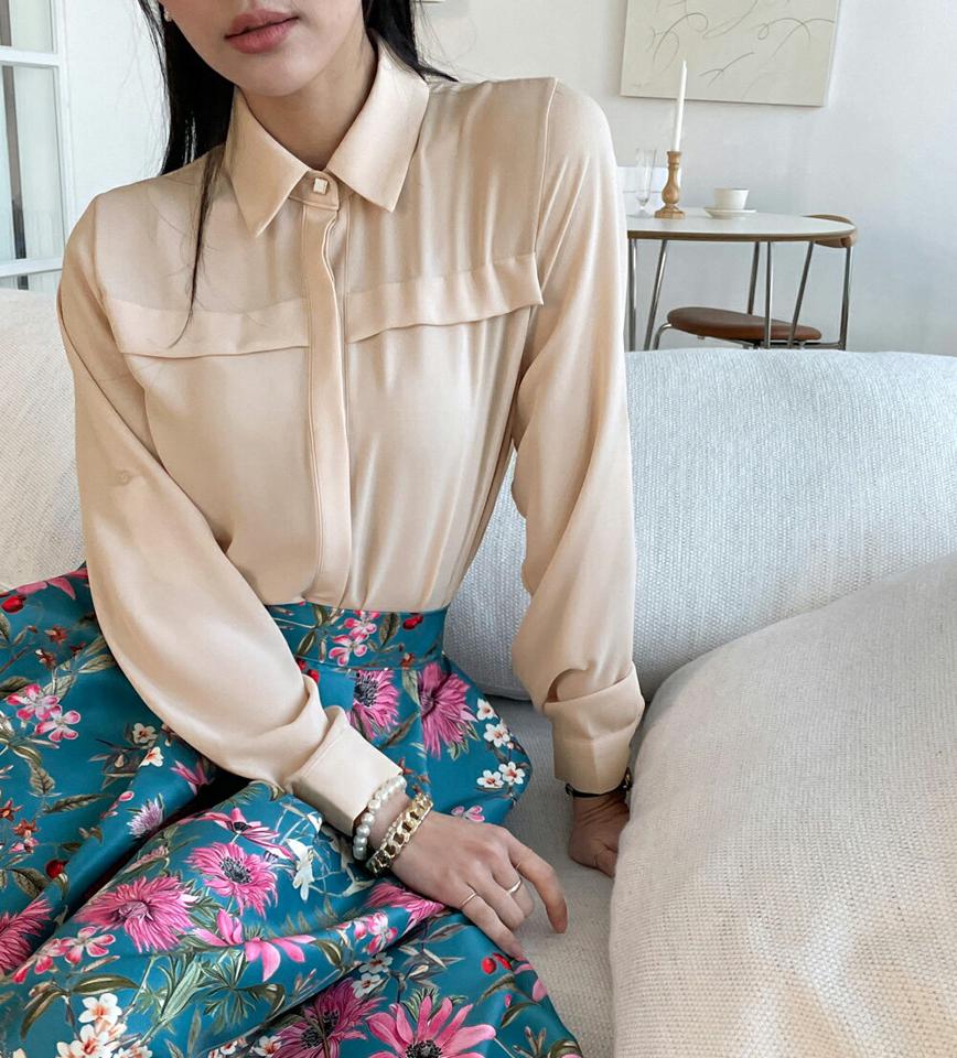 2WAYボタンブラウス・全4色・t71558 レディース 【bl】トップス ブラウス 長袖 単色 無地 シンプル ベーシック 大人 オフィスカジュアル 春 秋 韓国ファッション ハイホリHIHOLLI