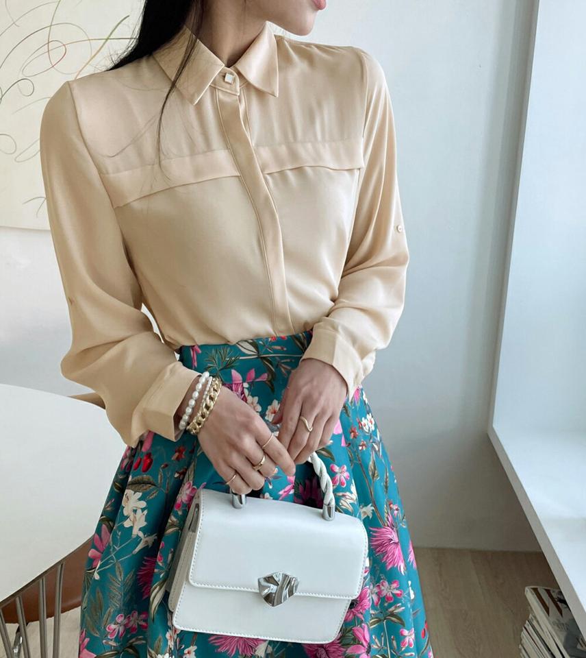 2WAYボタンブラウス・全4色・t71558 レディース 【bl】トップス ブラウス 長袖 単色 無地 シンプル ベーシック 大人 オフィスカジュアル 春 秋 韓国ファッション ハイホリHIHOLLI