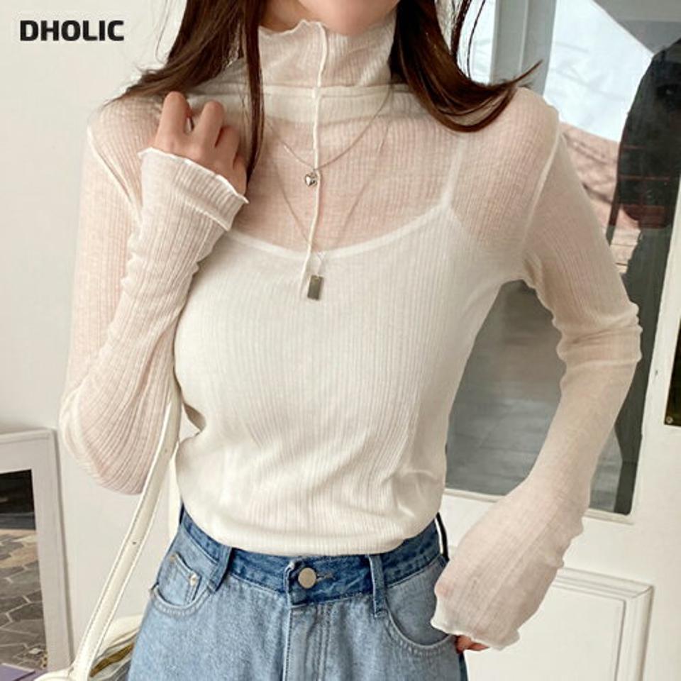 ウール混シアーハイネックTシャツ・全2色・t00122 レディース 【tops】韓国ファッション トップス Tシャツ 大人 長袖 ハイネック シースルー ウール混 シアー メロウヘム シンプル スリム 体型カバー 細身 フェミニン カジュアル 秋 冬