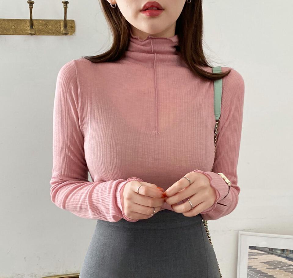 ウール混シアーハイネックTシャツ・全2色・t00122 レディース 【tops】韓国ファッション トップス Tシャツ 大人 長袖 ハイネック シースルー ウール混 シアー メロウヘム シンプル スリム 体型カバー 細身 フェミニン カジュアル 秋 冬
