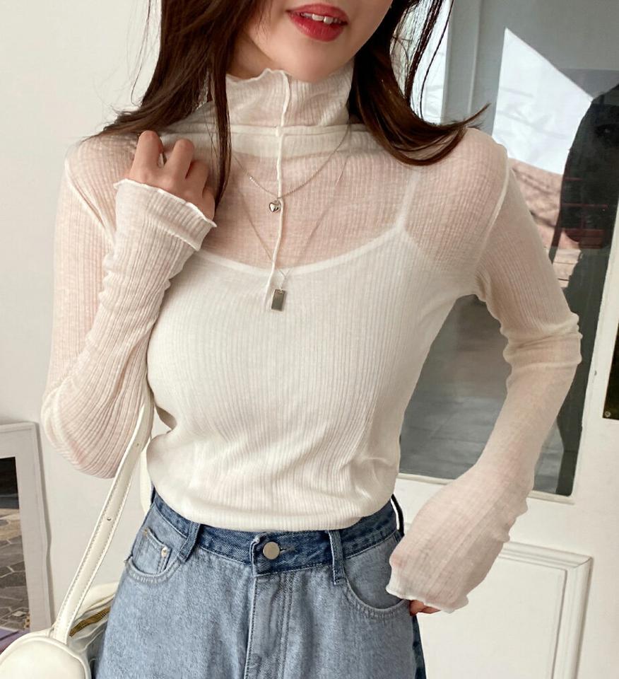 ウール混シアーハイネックTシャツ・全2色・t00122 レディース 【tops】韓国ファッション トップス Tシャツ 大人 長袖 ハイネック シースルー ウール混 シアー メロウヘム シンプル スリム 体型カバー 細身 フェミニン カジュアル 秋 冬