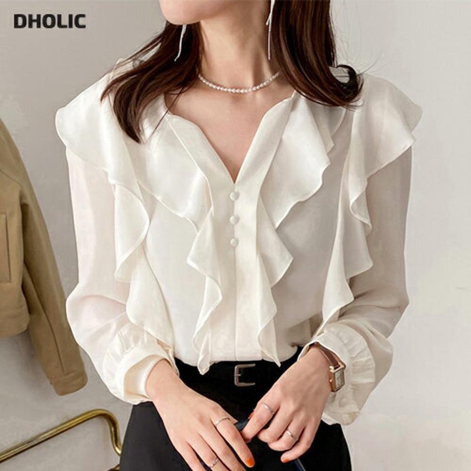 フリルVネックブラウス・全3色・b00094 レディース 【bl】韓国ファッション トップス ブラウス 長袖 Vネック フリル くるみボタン パフスリーブ パフスリーブ 大人 上品 シンプル カジュアル フェミニン デコラティブ オケージョン ガーリー 春 秋 冬