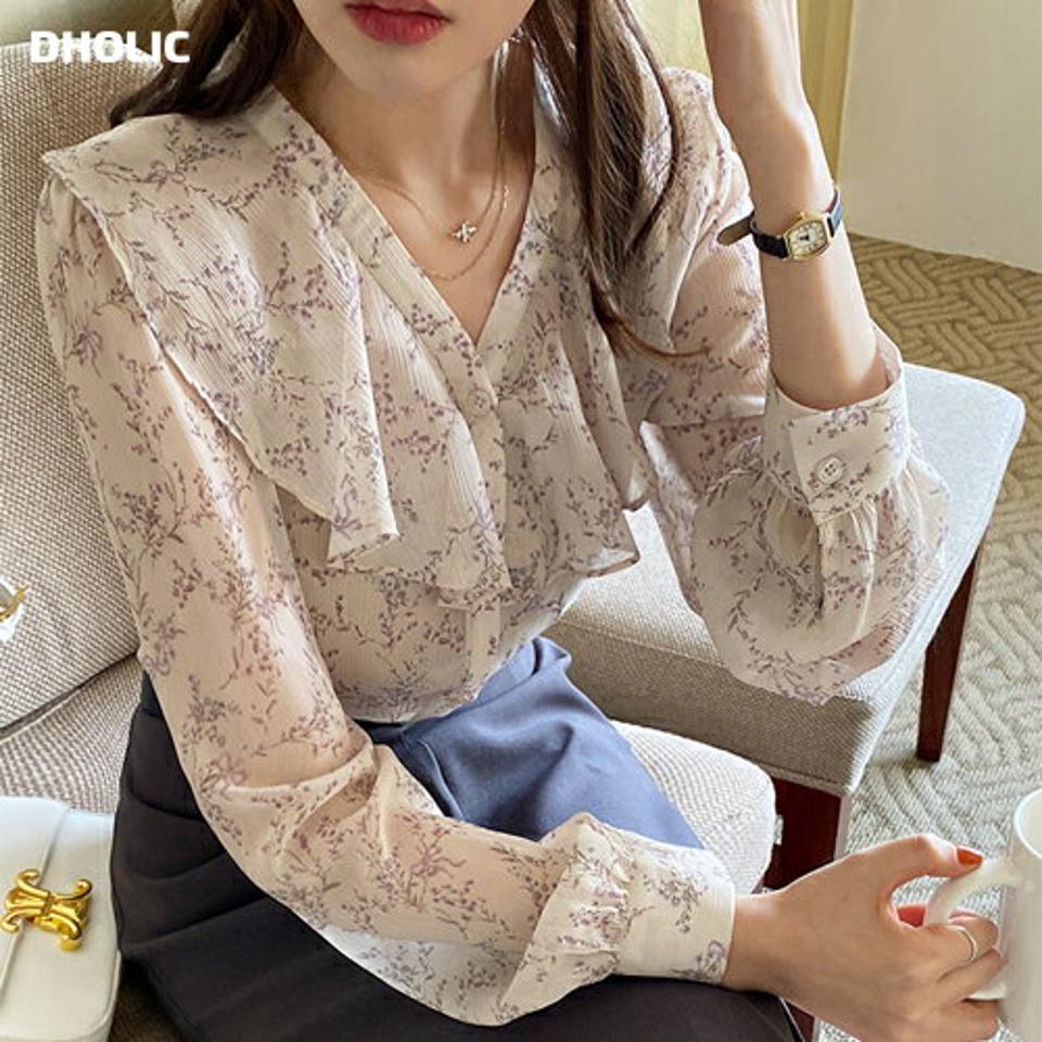 フリル花柄シアーブラウス・全2色・b00095 レディース 【bl】韓国ファッション トップス ブラウス 長袖 Vネック 襟コンシャス フリル 花柄 フラワー フローラル シアー シンプル カジュアル フェミニン ガーリー 春 秋 冬 セール