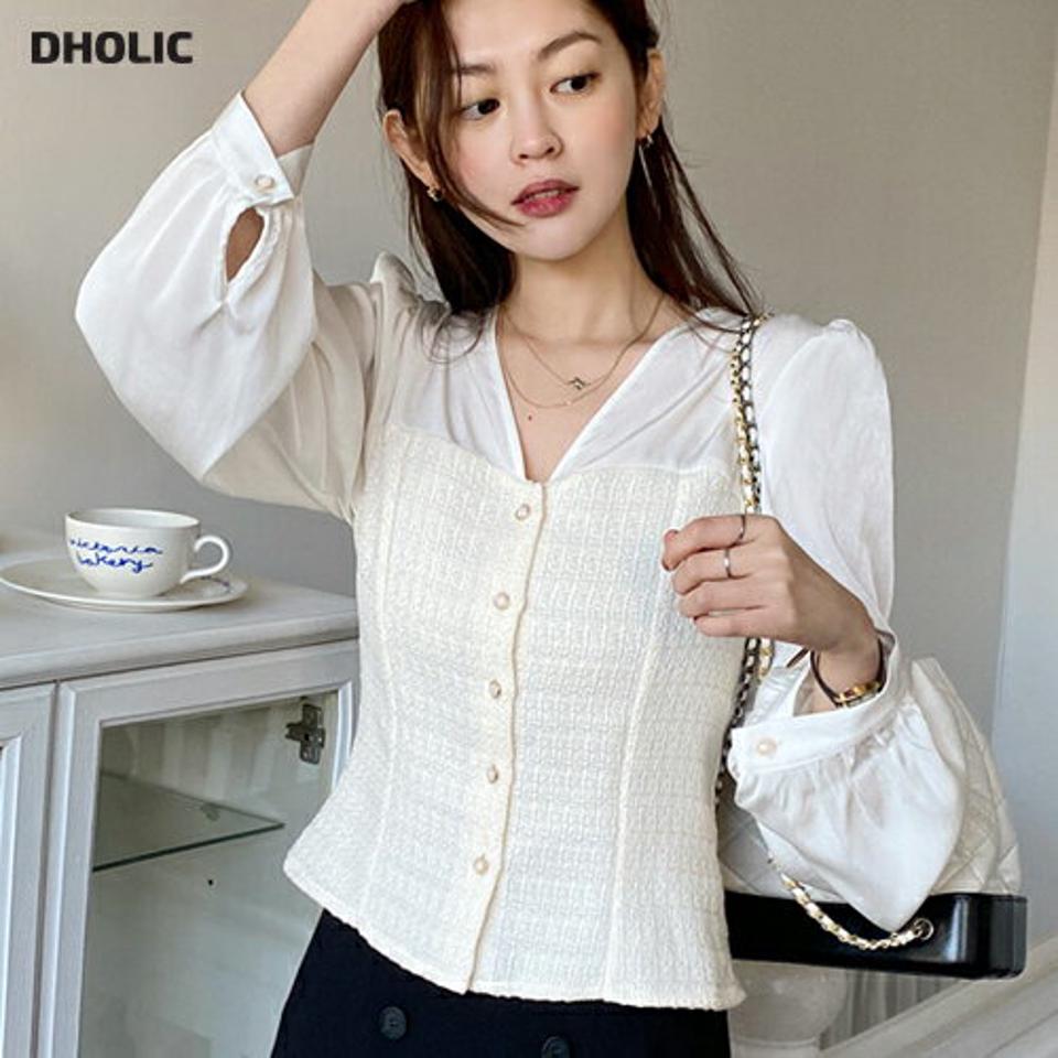 Vネックツイードブラウス・全2色・t00096 レディース 【bl】韓国ファッション トップス ブラウス 長袖 Vネック ツイード ボタン パフスリーブ クロップド丈 スリット シンプル カジュアル フェミニン 体型カバー ガーリー 春 秋 冬