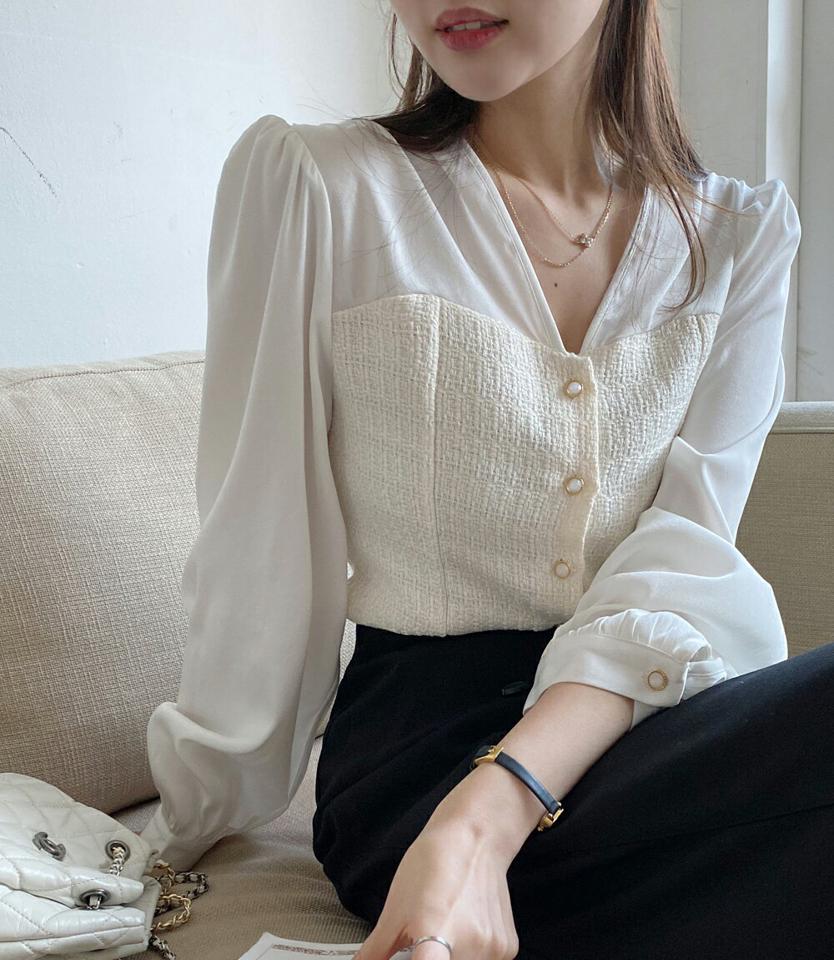 Vネックツイードブラウス・全2色・t00096 レディース 【bl】韓国ファッション トップス ブラウス 長袖 Vネック ツイード ボタン パフスリーブ クロップド丈 スリット シンプル カジュアル フェミニン 体型カバー ガーリー 春 秋 冬