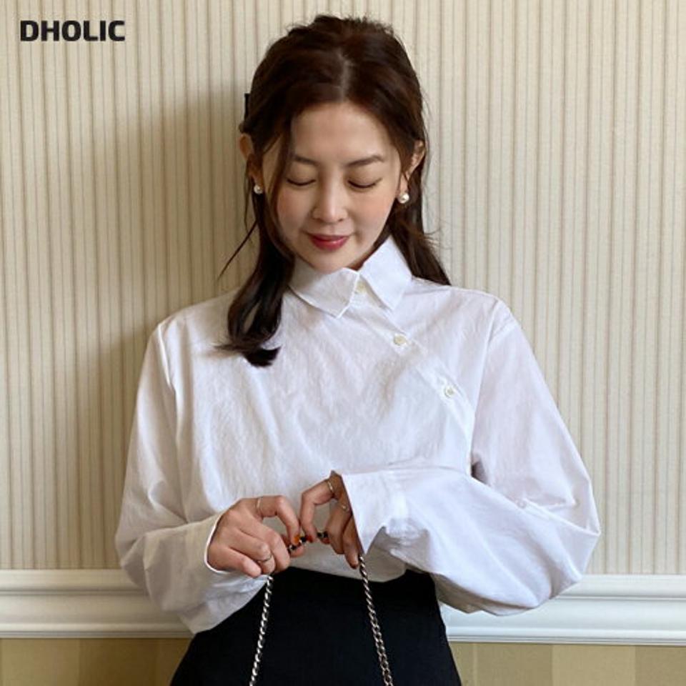 ダイアゴナルボタンシャツ・全3色・t00097 レディース 【bl】韓国ファッション トップス シャツ 長袖 カラーネック 襟コンシャス ダイアゴナル ボタン ユニーク シンプル カジュアル フェミニン ルーズ ガーリー 春 秋 冬