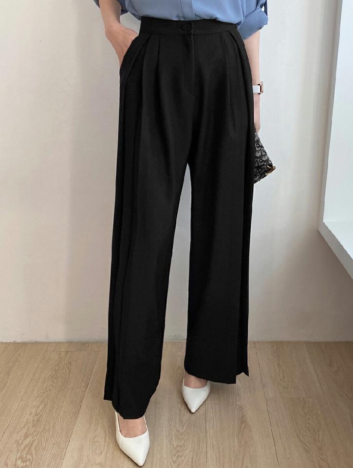 タックワイドスラックス・全3色・t71568 レディース 【pt】パンツ ズボン スラックス ワイドパンツ タック 単色 無地 ハイウエスト シンプル ベーシック 大人 きれいめ 上品 春 秋 冬 韓国ファッション ハイホリHIHOLLI