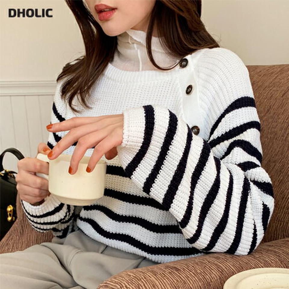 【只今10%OFF】ショルダーボタンボーダーニット・全3色・t00121 レディース 【tops】韓国ファッション トップス ニット 大人 長袖 ラウンドネック ラグラン ショルダーボタン ボーダー ユニーク シンプル 体型カバー フェミニン カジュアル 秋 冬【ニットセール】