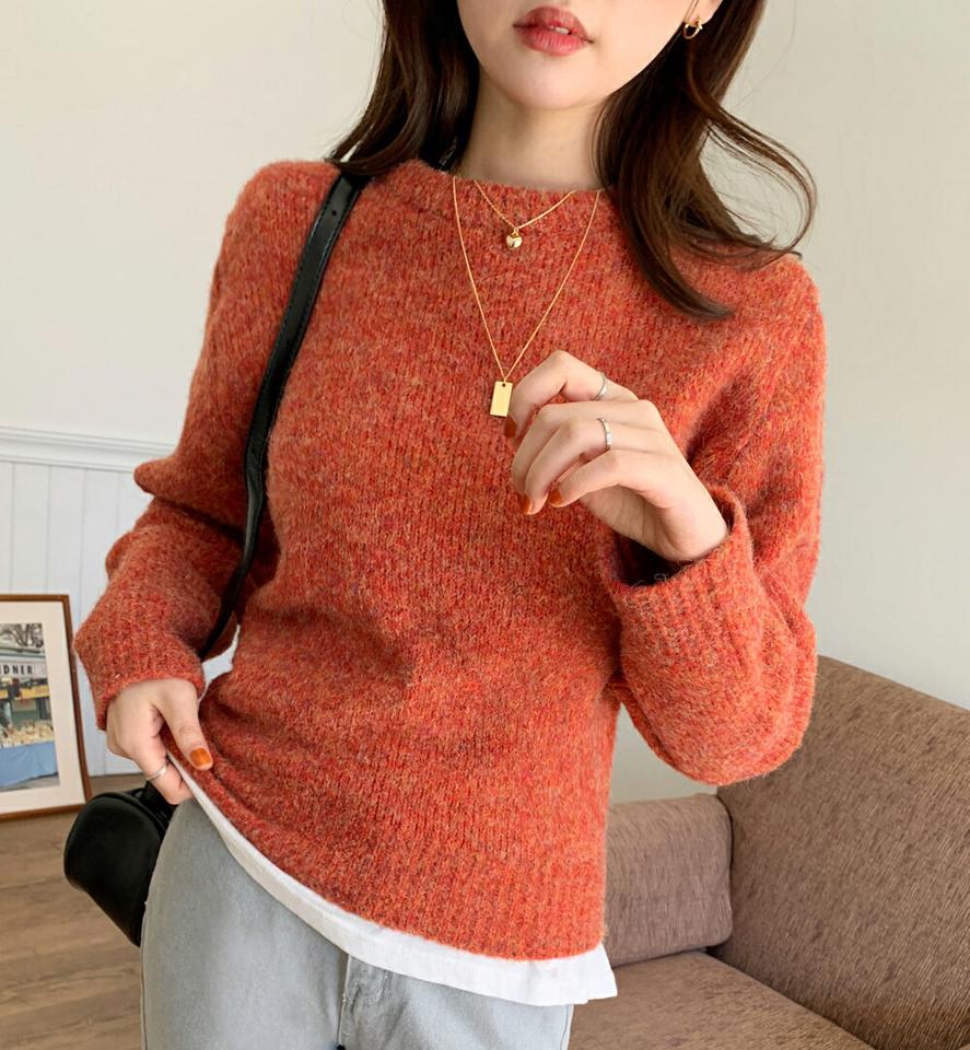 ウール混メランジニット・全4色・t00100 レディース 【tops】韓国ファッション トップス ニット 大人 長袖 ラウンドネック ウール混 メランジ 無地 ベーシック シンプル 体型カバー フェミニン カジュアル 秋 冬