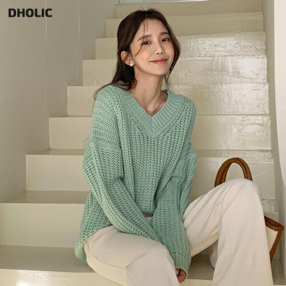 Vネックルーズニット・全5色・b66563 レディース 【tops】韓国ファッション トップス ニット 大人 長袖 Vネック ルーズ ローゲージ カラーニット ドロップショルダー シンプル フェミニン カジュアル 秋 冬