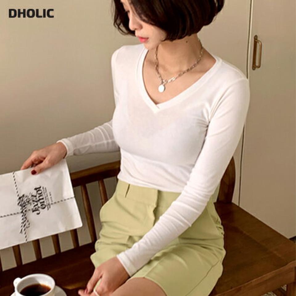 VネックTシャツ・全5色・t66564 レディース 【tops】韓国ファッション トップス Tシャツ 大人 長袖 Vネック レーヨン混 無地 ベーシック シンプル スリム 細身 フェミニン カジュアル 秋 冬
