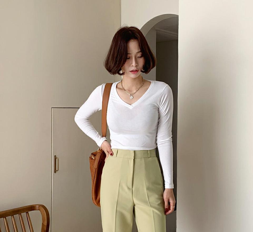 VネックTシャツ・全5色・t66564 レディース 【tops】韓国ファッション トップス Tシャツ 大人 長袖 Vネック レーヨン混 無地 ベーシック シンプル スリム 細身 フェミニン カジュアル 秋 冬