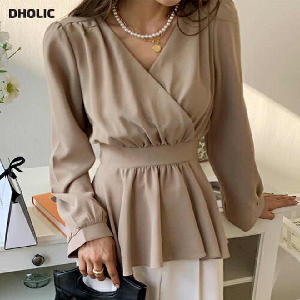 リボンカシュクールギャザーブラウス・全3色・t66569 レディース 【bl】韓国ファッション トップス ブラウス 長袖 Vネック リボン カシュクール ギャザー ラップ風 無地 シンプル 大人 カジュアル フェミニン 春 秋 冬