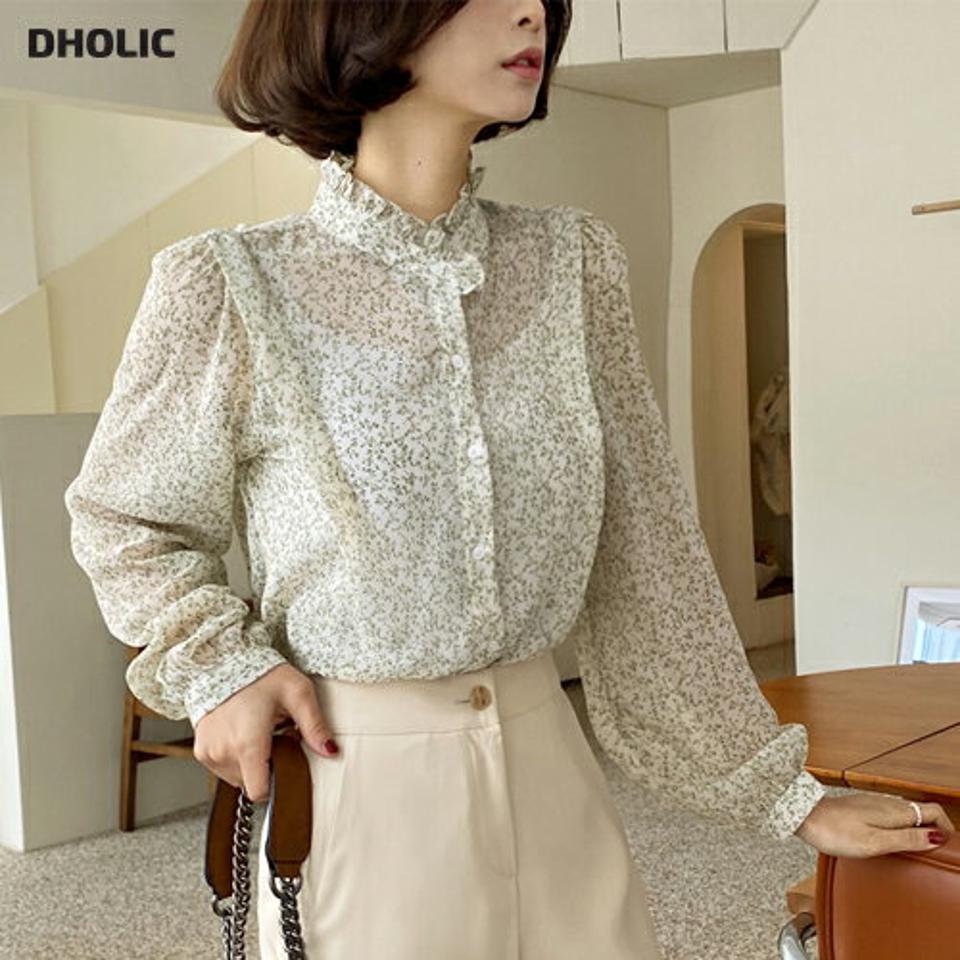 フリルネック花柄ブラウス・全3色・b66570 レディース 【bl】韓国ファッション トップス ブラウス 長袖 フリルネック 小花柄 花柄 フローラル フラワー パフスリーブ シンプル カジュアル フェミニン ガーリー 春 秋 冬