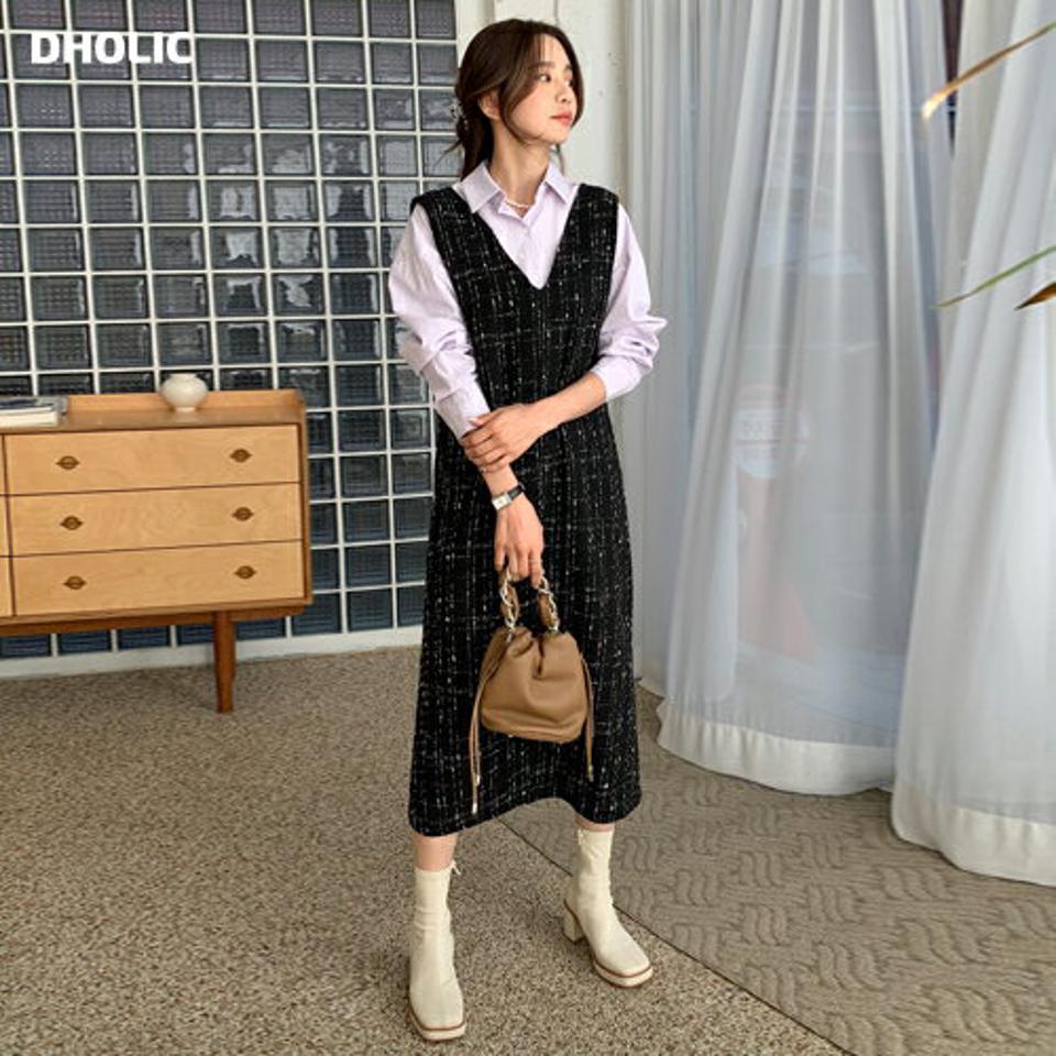 【10%OFF】ツイードノースリワンピース・全2色・t66573 レディース 【ops】韓国ファッション ワンピース ロングワンピース ノースリーブ Vネック ツイード スリット スリーブレス ロング丈 シンプル 体型カバー カジュアル フェミニン 秋 冬【tweedセール】