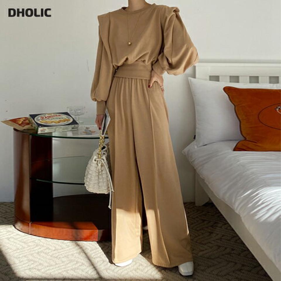 パワショルスウェット&ワイドパンツSET・全3色・b66580 レディース 【pt】韓国ファッション ボトムス ワイドパンツ スウェット セットアップ 長袖 ラウンドネック クロップド丈 ワイド パワショル 無地 シンプル カジュアル 秋 冬