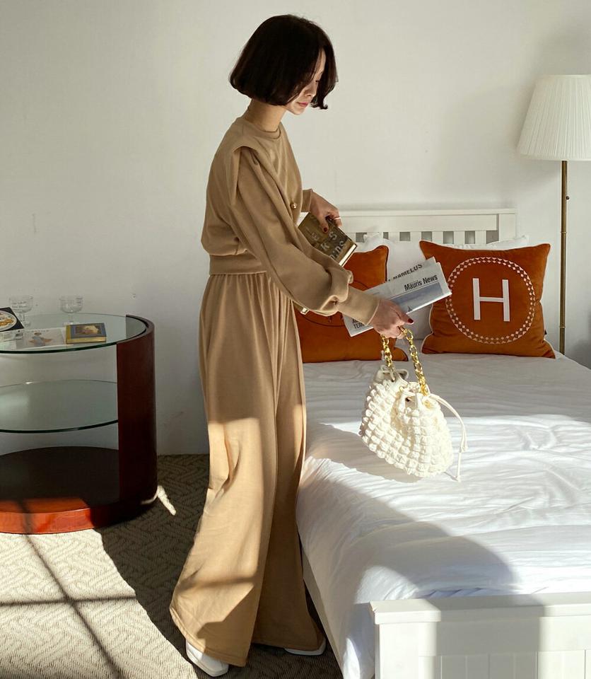 パワショルスウェット&ワイドパンツSET・全3色・b66580 レディース 【pt】韓国ファッション ボトムス ワイドパンツ スウェット セットアップ 長袖 ラウンドネック クロップド丈 ワイド パワショル 無地 シンプル カジュアル 秋 冬