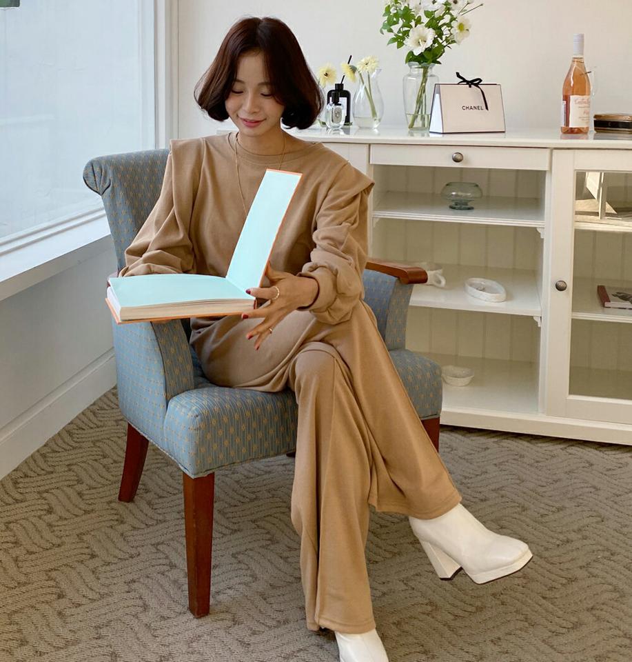 パワショルスウェット&ワイドパンツSET・全3色・b66580 レディース 【pt】韓国ファッション ボトムス ワイドパンツ スウェット セットアップ 長袖 ラウンドネック クロップド丈 ワイド パワショル 無地 シンプル カジュアル 秋 冬